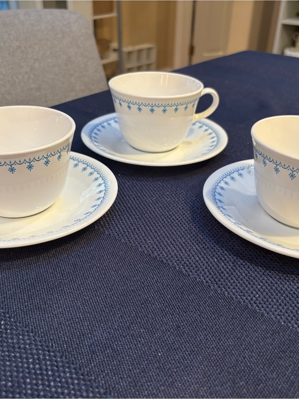 Corelle Snowflake Hook Handle Tea Cups and Saucers set of 3